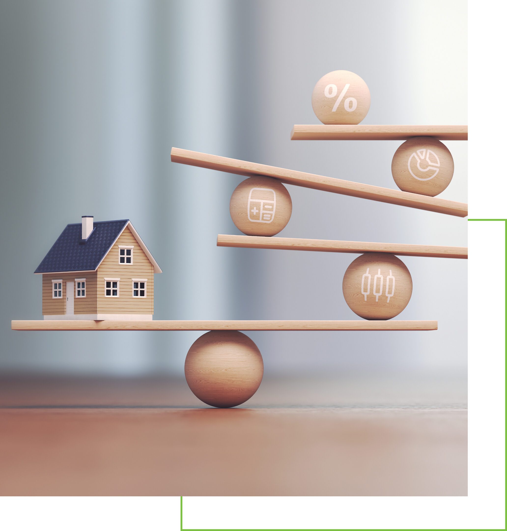 A miniature house balanced on wooden balls.